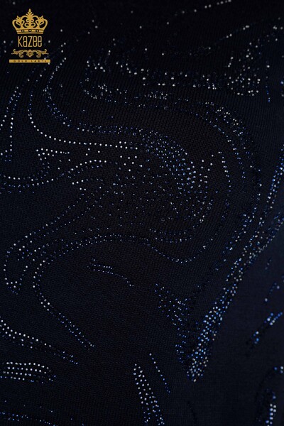 Женский вязаный свитер оптом с вышивкой камнями темно-синий - 30594 | КАZEE - Thumbnail