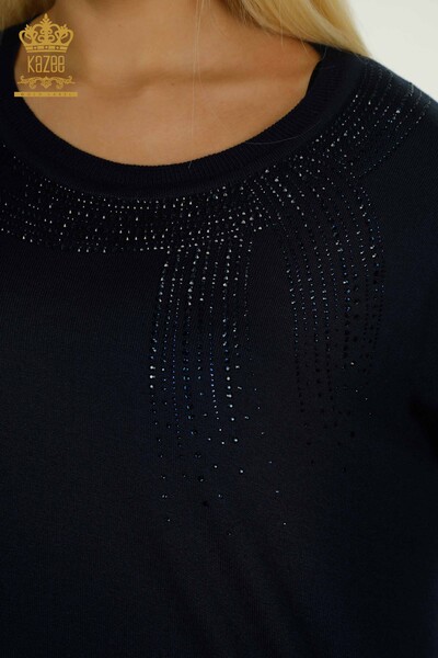 Женский вязаный свитер оптом с вышивкой камнями темно-синий - 30623 | КАZEE - Thumbnail