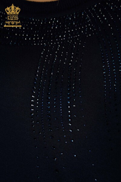 Женский вязаный свитер оптом с вышивкой камнями темно-синий - 30623 | КАZEE - Thumbnail