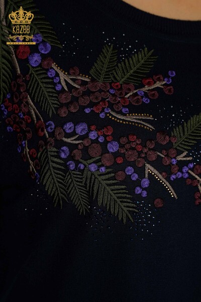 Женский вязаный свитер оптом с каменной вышивкой темно-синего цвета - 30750 | КАZEE - Thumbnail (2)