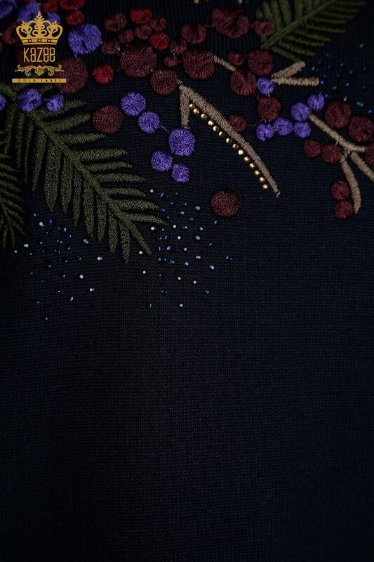 Женский вязаный свитер оптом с каменной вышивкой темно-синего цвета - 30750 | КАZEE