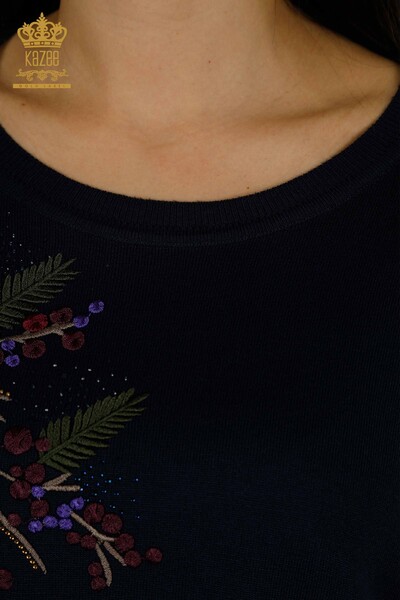 Женский вязаный свитер оптом с каменной вышивкой темно-синего цвета - 30750 | КАZEE - Thumbnail