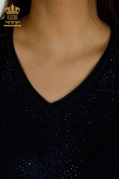 Женский вязаный свитер оптом с вышивкой камнями темно-синий - 30761 | КАZEE - Thumbnail