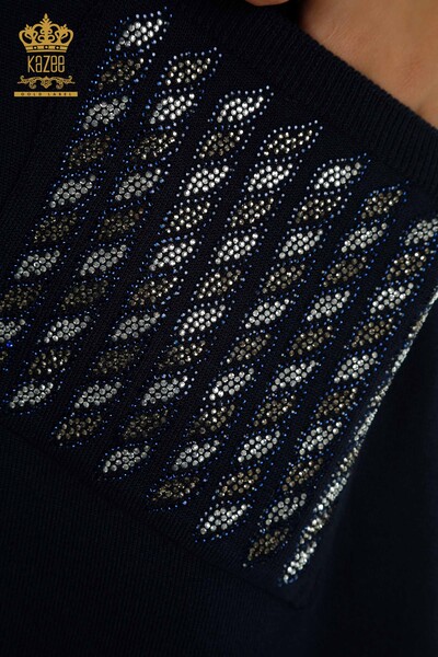 Женский вязаный свитер оптом с карманами темно-синего цвета - 30591 | КАZEE - Thumbnail