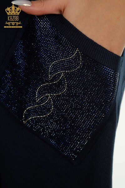 Женский вязаный свитер оптом с карманами темно-синего цвета - 30622 | КAZEE - Thumbnail