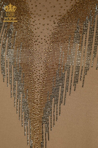 Женский вязаный свитер оптом с вышивкой кристаллами камня, бежевый - 30330 | КАZEE - Thumbnail