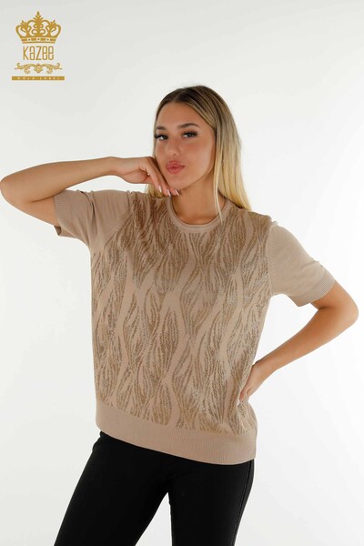 Женский вязаный свитер оптом с вышивкой кристаллами камня, бежевый - 30332 | КАZEE - Thumbnail