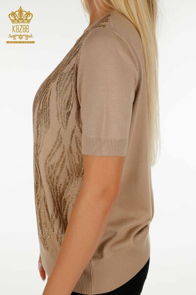Женский вязаный свитер оптом с вышивкой кристаллами камня, бежевый - 30332 | КАZEE - Thumbnail