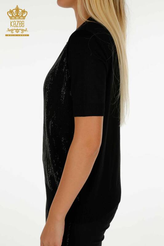 Женский вязаный свитер оптом, черный с вышивкой хрустальными камнями - 30332 | КАZEE