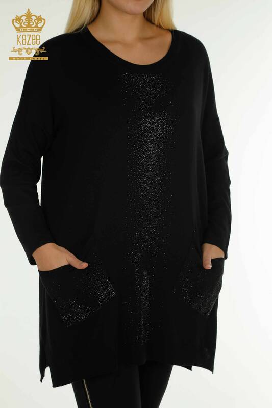 Женский вязаный свитер оптом, черный с вышивкой кристаллами - 30602 | КAZEE