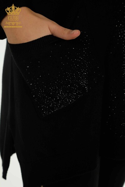 Женский вязаный свитер оптом, черный с вышивкой кристаллами - 30602 | КAZEE - Thumbnail