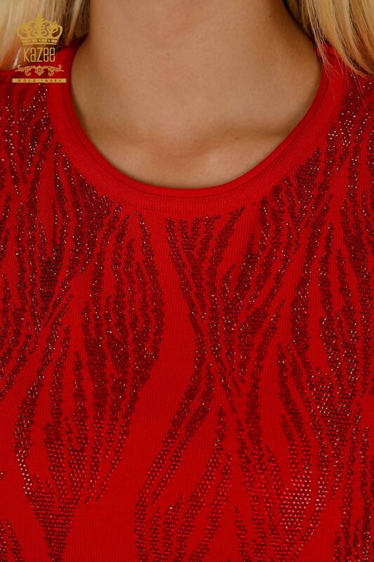 Красный женский вязаный свитер оптом с вышивкой хрустальными камнями - 30332 | КАZEE