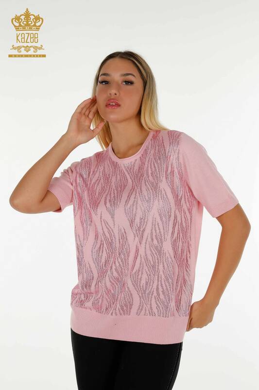 Женский вязаный свитер оптом с вышивкой кристаллами розового цвета - 30332 | КАZEE