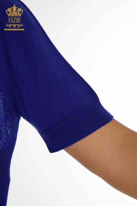 Женский вязаный свитер оптом Сакс с вышивкой кристаллическим камнем - 30332 | КАZEE