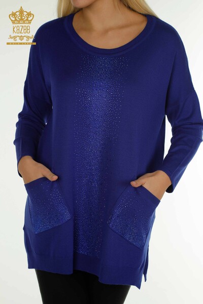 Оптовая продажа женского трикотажного свитера Сакс с вышивкой хрустальным камнем - 30602 | КАZEE - Thumbnail