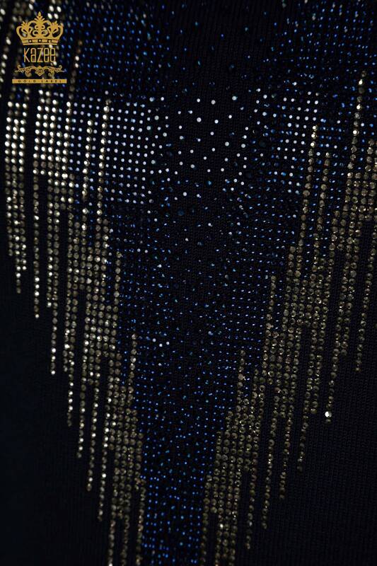 Женский вязаный свитер оптом с вышивкой кристаллами темно-синего цвета - 30330 | КАZEE
