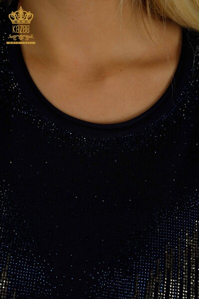 Женский вязаный свитер оптом с вышивкой кристаллами темно-синего цвета - 30330 | КАZEE - Thumbnail