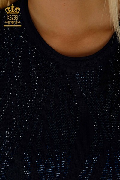 Женский вязаный свитер оптом с вышивкой кристаллами темно-синего цвета - 30332 | КАZEE - Thumbnail