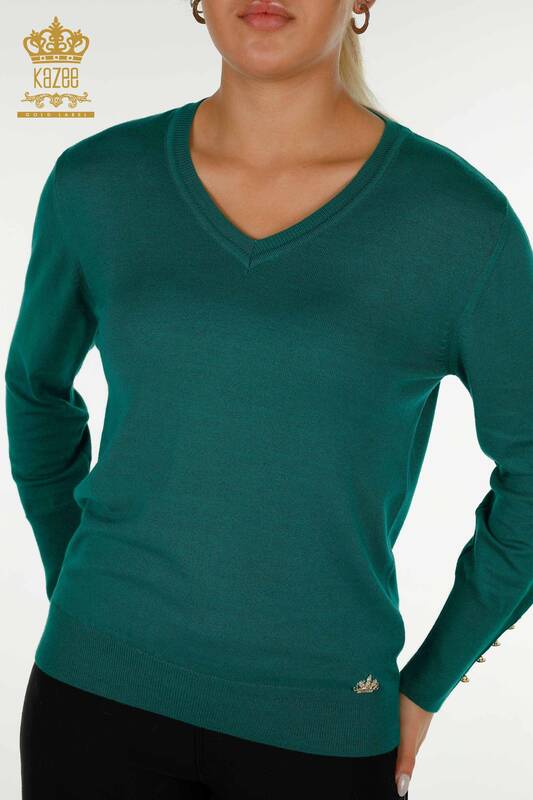 Оптовая продажа женского трикотажного свитера на пуговицах темно-зеленого цвета - 30139 | КАZEE