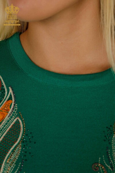 Зеленый женский трикотажный свитер с яркой вышивкой оптом - 30147 | КАZEE - Thumbnail