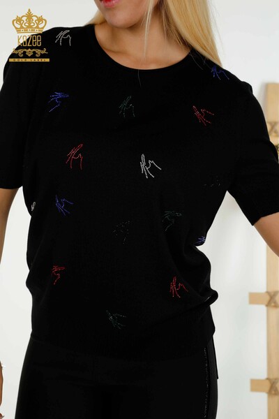 Kazee - Женский вязаный свитер оптом, черный с вышивкой цветными камнями - 30327 | КАZEE (1)