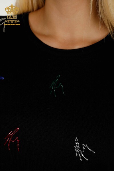 Женский вязаный свитер оптом, черный с вышивкой цветными камнями - 30327 | КАZEE - Thumbnail
