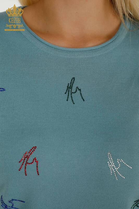 Оптовая продажа женского трикотажного свитера цвета мяты с вышивкой камнем - 30327 | КАZEE
