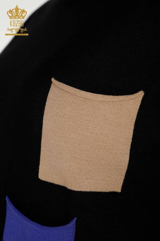Женский вязаный свитер оптом с цветным карманом цвета фуксии - 30108 | КАZEE
