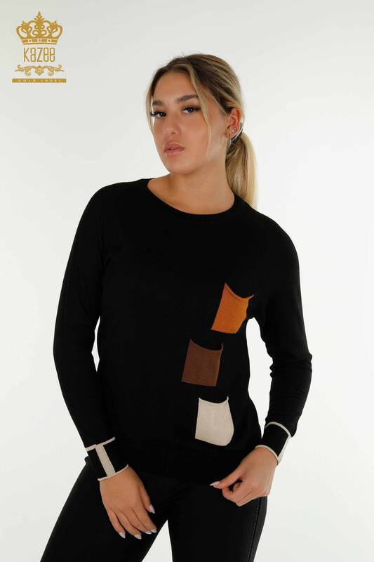 Женский вязаный свитер с цветными карманами оптом - 30108 | КАZEE