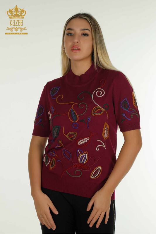 Оптовая продажа женского трикотажного свитера с разноцветным узором фиолетового цвета - 15844 | КАZEE