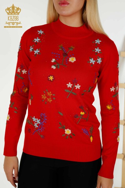 Kazee - Женский вязаный свитер красного цвета с яркой цветочной вышивкой оптом - 16445 | КАZEE (1)