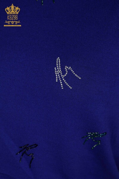 Женский вязаный свитер оптом сакс с разноцветной вышивкой камнями - 30327 | КАZEE - Thumbnail (2)