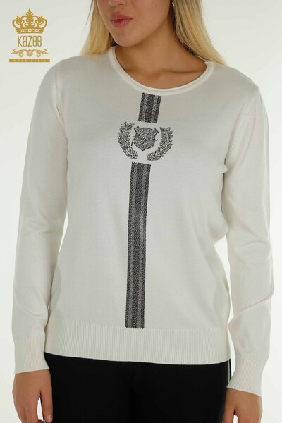 Женский трикотажный свитер оптом с круглым вырезом цвета экрю - 30457 | КАZEE - Thumbnail