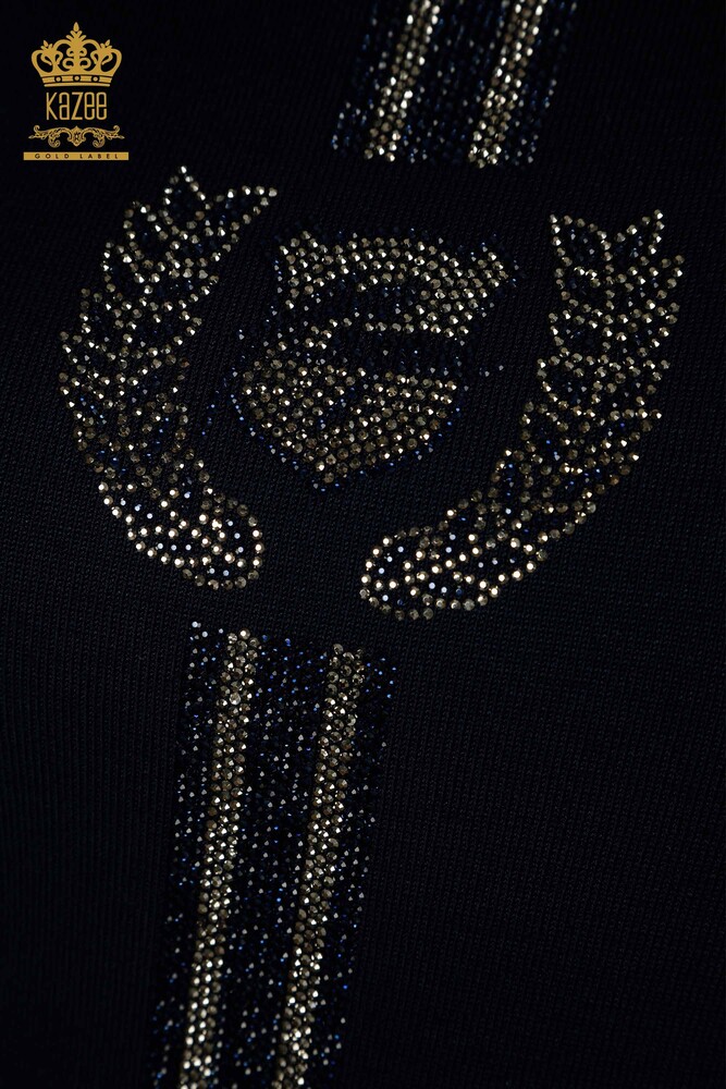 Женский вязаный свитер оптом с круглым вырезом темно-синий - 30457 | КАZEE - 4