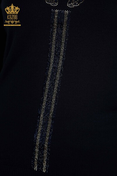 Женский вязаный свитер оптом с круглым вырезом темно-синий - 30457 | КАZEE - Thumbnail