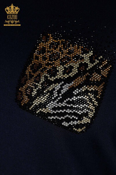 Женский вязаный свитер оптом с круглым вырезом темно-синий - 30465 | КАZEE - Thumbnail