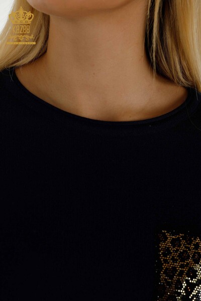 Женский вязаный свитер оптом с круглым вырезом темно-синий - 30465 | КАZEE - Thumbnail