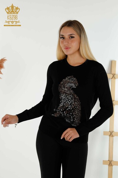 Kazee - Женский вязаный свитер с леопардовым узором оптом, черный - 30595 | КАZEE