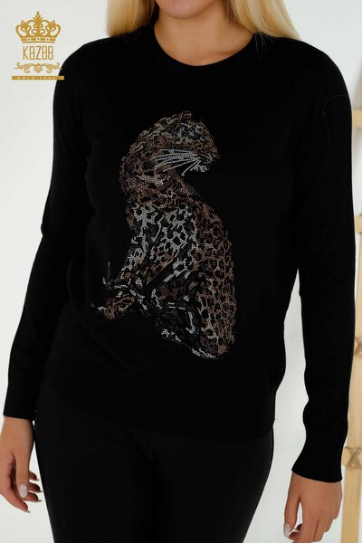 Kazee - Женский вязаный свитер с леопардовым узором оптом, черный - 30595 | КАZEE (1)
