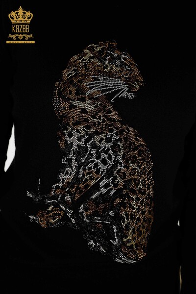 Женский вязаный свитер с леопардовым узором оптом, черный - 30595 | КАZEE - Thumbnail (2)