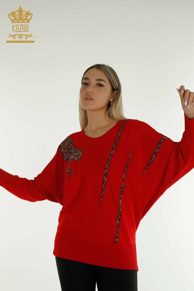 Kazee - Женский вязаный свитер оптом с леопардовой вышивкой красный - 30633 | КАZEE