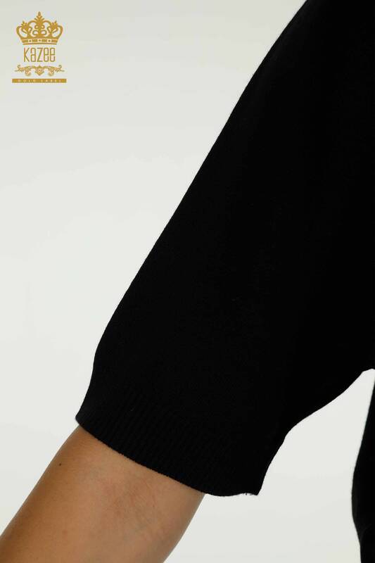 Женский вязаный свитер оптом с леопардовой вышивкой черный - 30324 | КАZEE