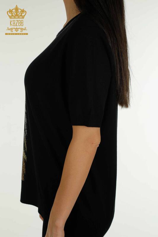 Женский вязаный свитер оптом с леопардовой вышивкой черный - 30324 | КАZEE