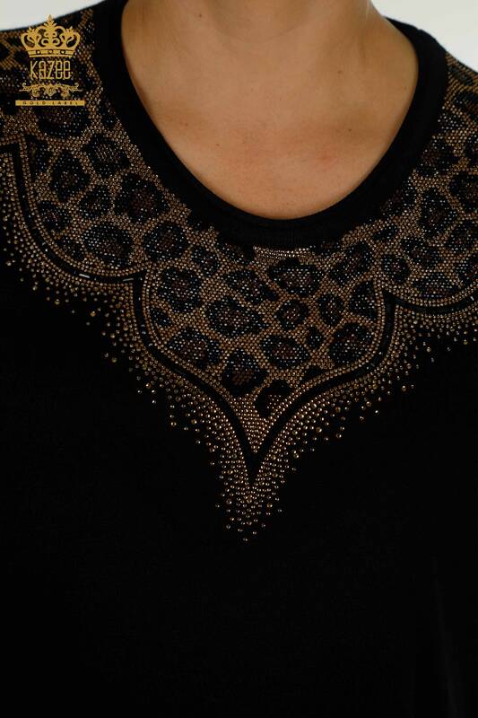 Женский вязаный свитер оптом с леопардовой вышивкой черный - 30329 | КAZEE