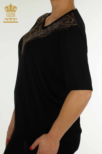 Женский вязаный свитер оптом с леопардовой вышивкой черный - 30329 | КAZEE - Thumbnail