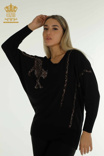Kazee - Женский вязаный свитер оптом с леопардовой вышивкой черный - 30633 | КАZEE