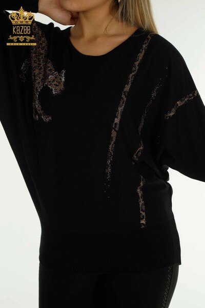 Kazee - Женский вязаный свитер оптом с леопардовой вышивкой черный - 30633 | КАZEE (1)