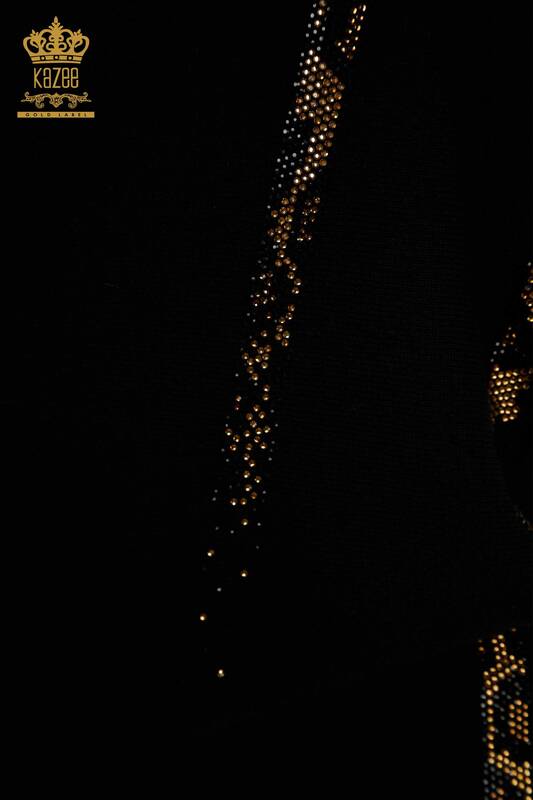 Женский вязаный свитер оптом с леопардовой вышивкой черный - 30633 | КАZEE