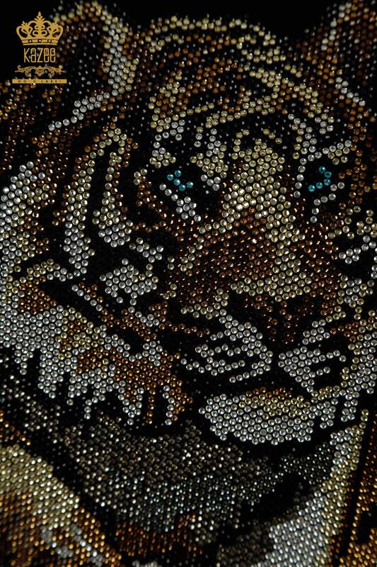 Женский вязаный свитер оптом с леопардовой вышивкой черный - 30747 | КАZEE