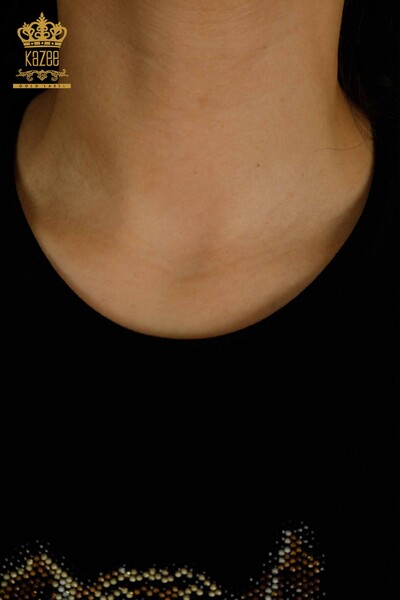 Женский вязаный свитер оптом с леопардовой вышивкой черный - 30747 | КАZEE - 5